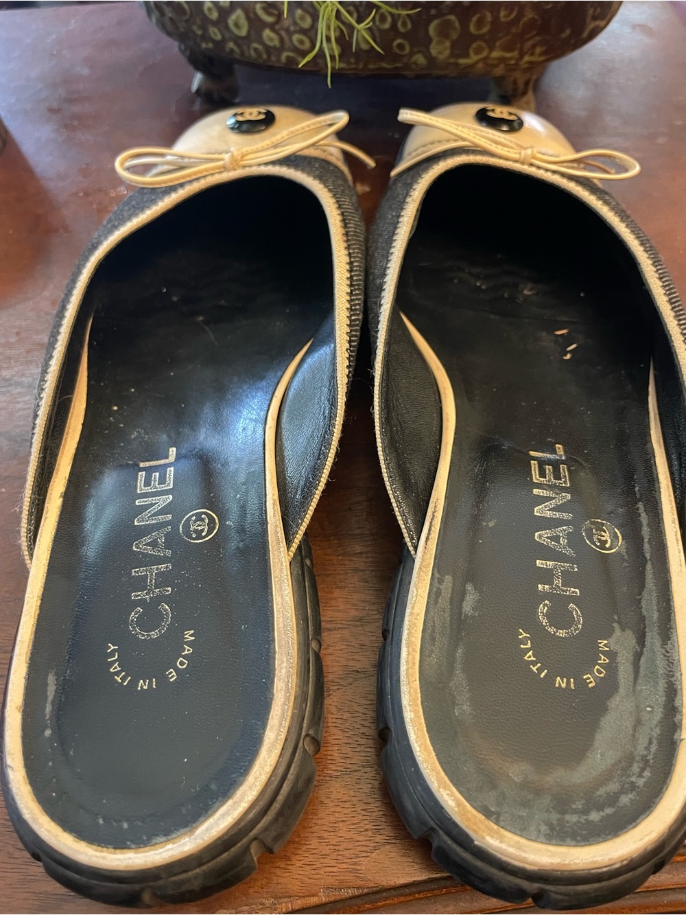 CHANEL Two-Tone Black & Beige CC Button Mule Flats - Picture 2 of 3